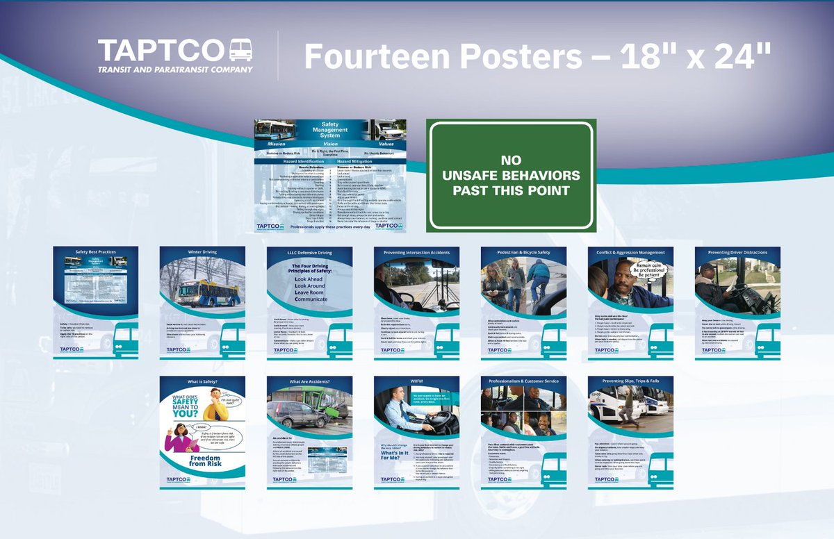 taptco's tweet photo. Taptco introduces a collection of 12 safety posters designed to enhance driver safety. These visual aids cover a range of crucial topics, including Safety Best Practices, Preventing Driver Distractions, Winter Driving, and more! Get your set for only $200.00! https://t.co/d96I3GQBhW