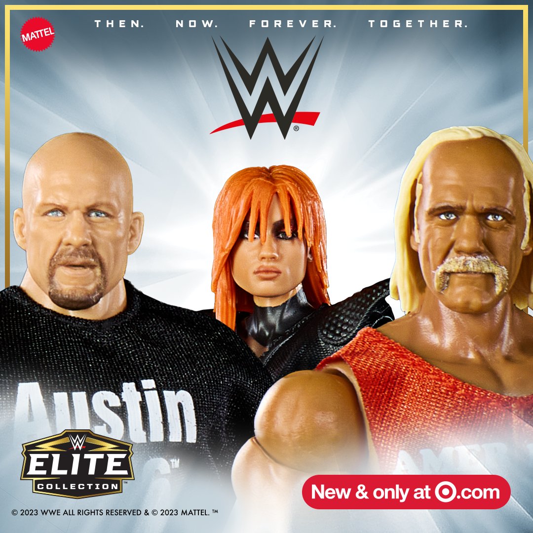 WWEUniverse's tweet image. Celebrate the greatest ground-breaking WWE Superstars with the new Elite Collection figures of Hulk Hogan, Rocky Maivia, “Stone Cold” Steve Austin and Becky Lynch. Pre-order the WWE Then. Now. Forever. Together. 4-Pack today and make your collection Elite! ms.spr.ly/60169HlmK