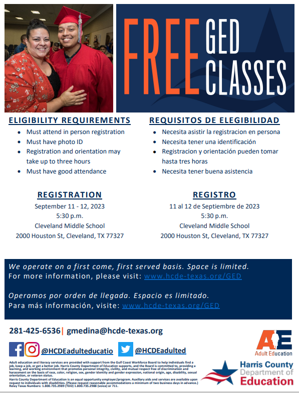 CISDDualESL's tweet photo. Free GED/ESL classes in Cleveland, TX.  Its very important to attend registration.
#CISDDualESL https://t.co/HQ3rQK3FVC