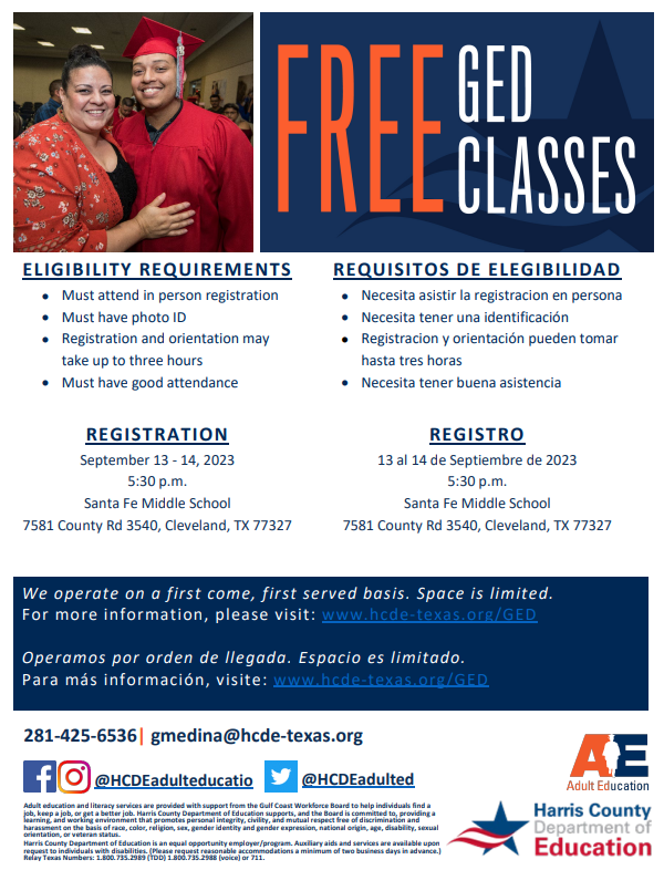 CISDDualESL's tweet photo. Free GED/ESL classes in Cleveland, TX.  Its very important to attend registration.
#CISDDualESL https://t.co/HQ3rQK3FVC