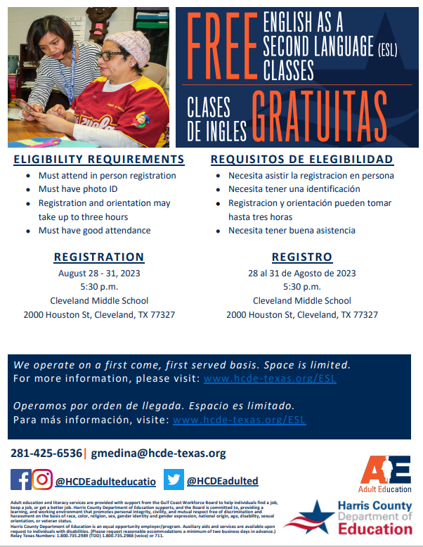 CISDDualESL's tweet photo. Free GED/ESL classes in Cleveland, TX.  Its very important to attend registration.
#CISDDualESL https://t.co/HQ3rQK3FVC