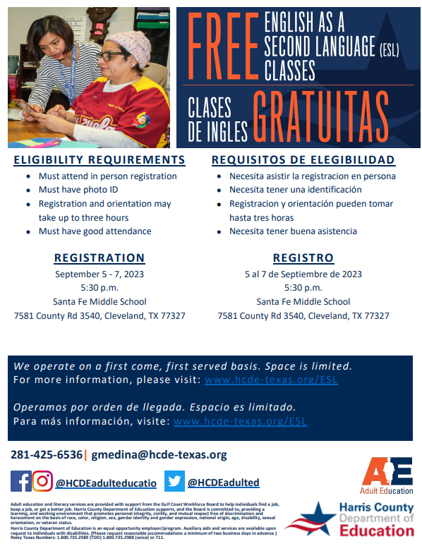 CISDDualESL's tweet photo. Free GED/ESL classes in Cleveland, TX.  Its very important to attend registration.
#CISDDualESL https://t.co/HQ3rQK3FVC