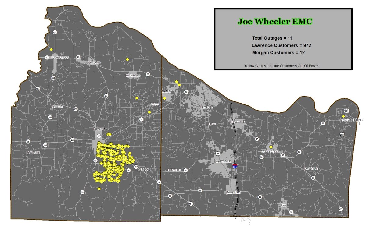 We have an outage in the Moulton area affecting 988 members at this time. We are working on getting these back on ASAP. You can view our live outage map at jwemc.coop. <a href="/whnt/">News 19</a> <a href="/WAAYTV/">waaytv</a> <a href="/waff48/">WAFF 48</a> <a href="/MoultonAdv/">Moulton Advertiser</a> <a href="/EMAlawrenceal/">Lawrence County EMA</a>