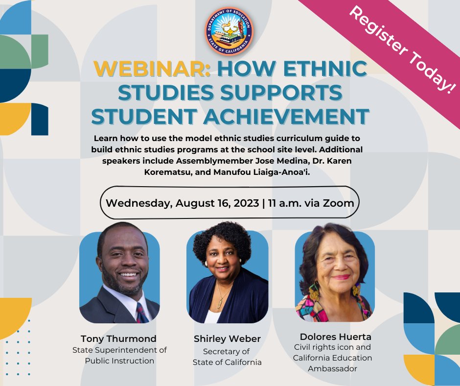 Have you registered? 🖥️💡 Join State Superintendent @TonyThurmond and CDE on Wednesday, August 16 at 11 a.m. for a webinar to help schools provide an #ethnicstudies graduation requirement by the 2026 state deadline. Learn more: cde.ca.gov/nr/ne/yr23/yr2…