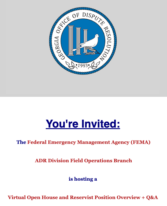 GeorgiaADR's tweet photo. FEMA ADR Division Field Operations Branch is hosting an open house / Q&amp;A to learn about ADR Advisor (Reservist) positions. Click here to view the notice:
https://t.co/hD13nsB2cl https://t.co/RvY7ZEEHDH