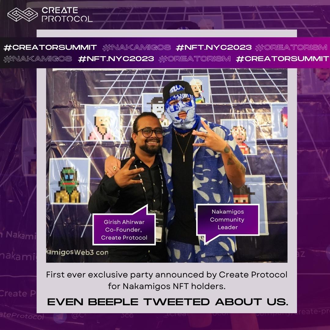 CreateProtocol's tweet image. Want to be a part like them! Let us know who you want us to host next and party with. We are being noticed seriously AF. 
Some crazy news coming soon.
#createprotocol #creatorconsole #Nakamigos #beeple #nftnyc #NFT #Web3 #NFTCommunity #EVENT #NFTGiveaway #Newsclick