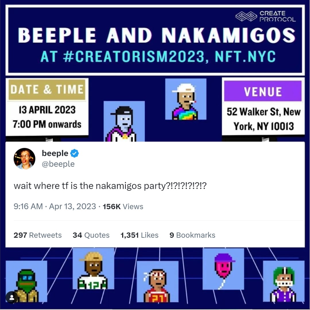 CreateProtocol's tweet image. Want to be a part like them! Let us know who you want us to host next and party with. We are being noticed seriously AF. 
Some crazy news coming soon.
#createprotocol #creatorconsole #Nakamigos #beeple #nftnyc #NFT #Web3 #NFTCommunity #EVENT #NFTGiveaway #Newsclick