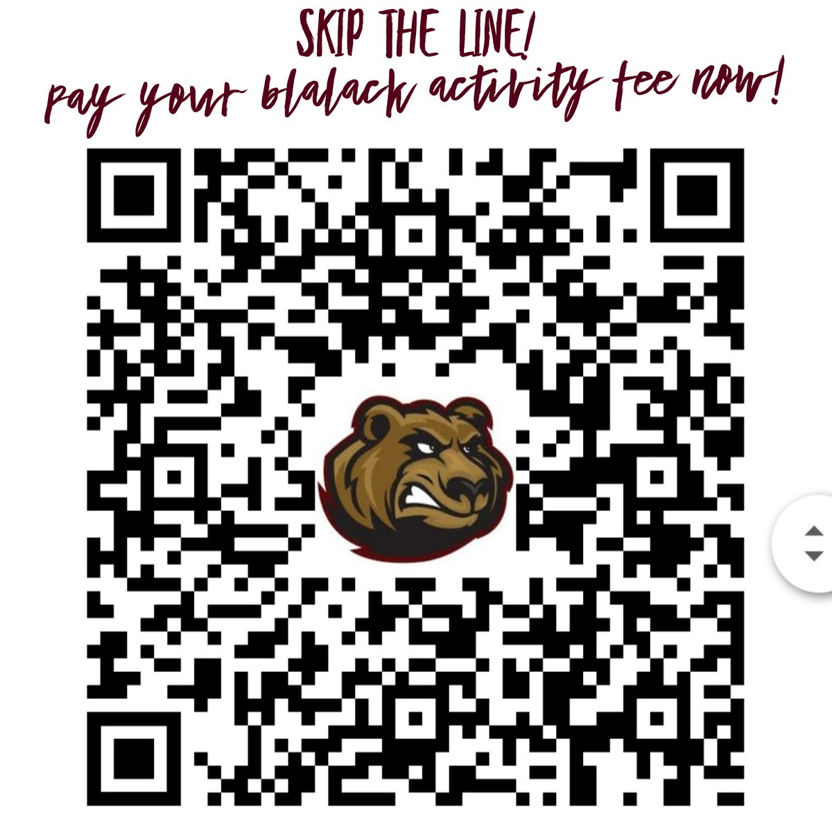 You can pay your Blalack Activity Fee at schedule pick-up or now with the QR code!
#blalackms #blalackbears