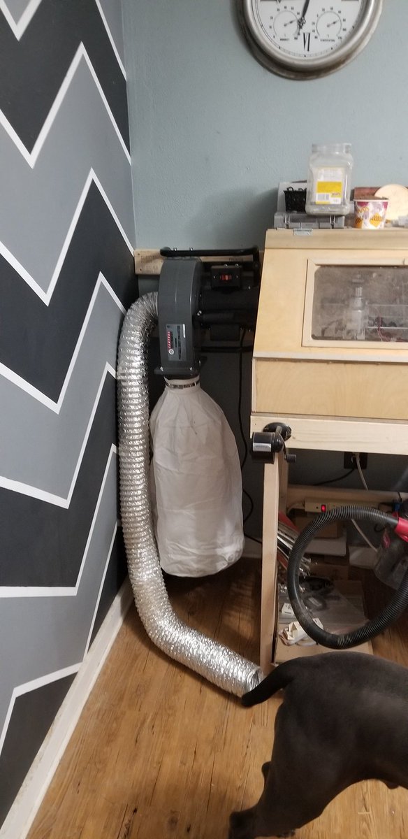 Outsidethinker's tweet image. Soon the microshop's CNC'S can lose their temporary covers as dust collection is being added. Tested suction with my dryer hose. Works good!  Lol @HarborFreight #microshop #cnc #woodworking