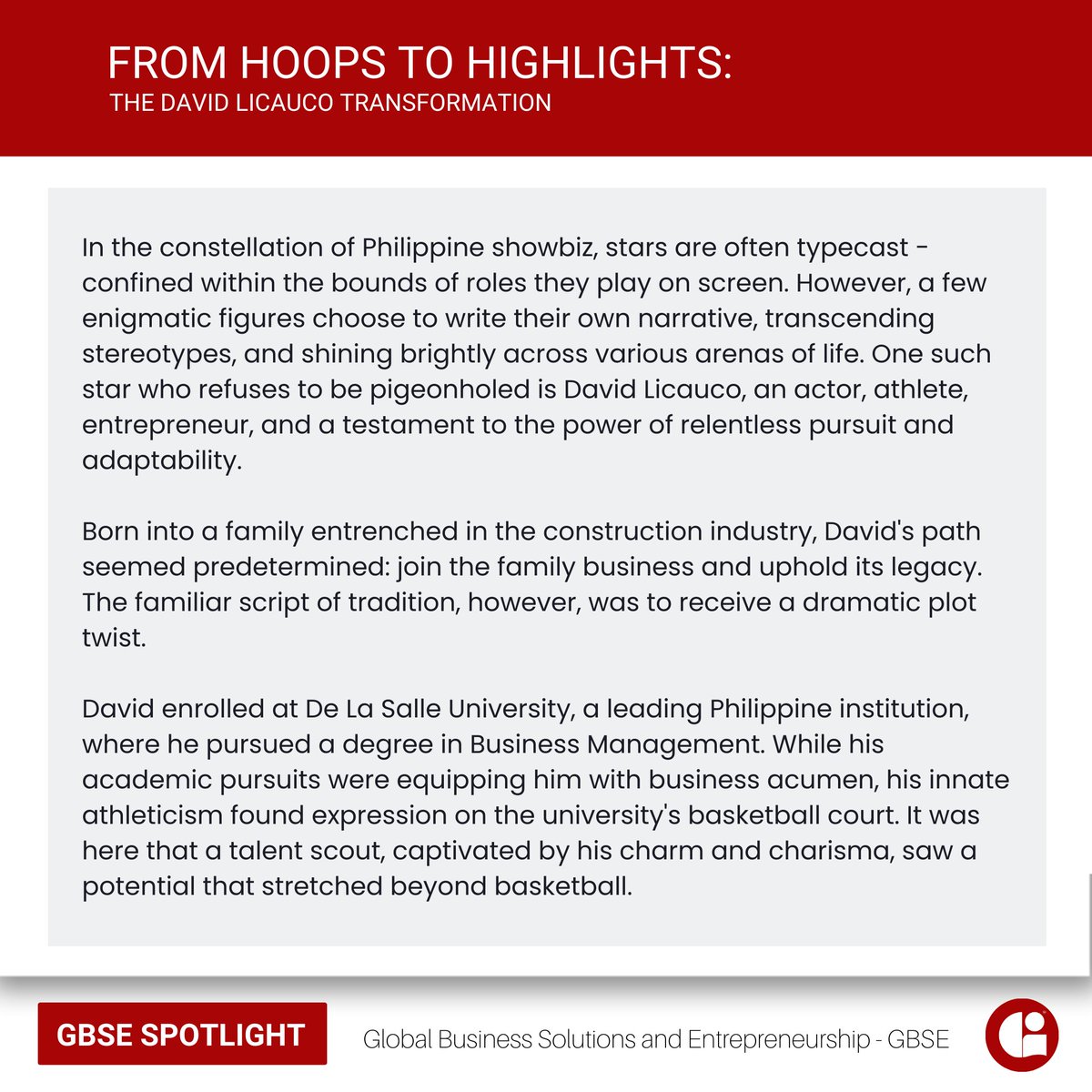 OfficialGBSE's tweet photo. From courts to cameras, boardrooms to billboards, how does @DavidLicauco do it all? Find out as we decode the man beyond the roles in our exclusive feature. Speak up and spread the word. #UnscriptedSuccess #GBSE https://t.co/kNbtL61c32