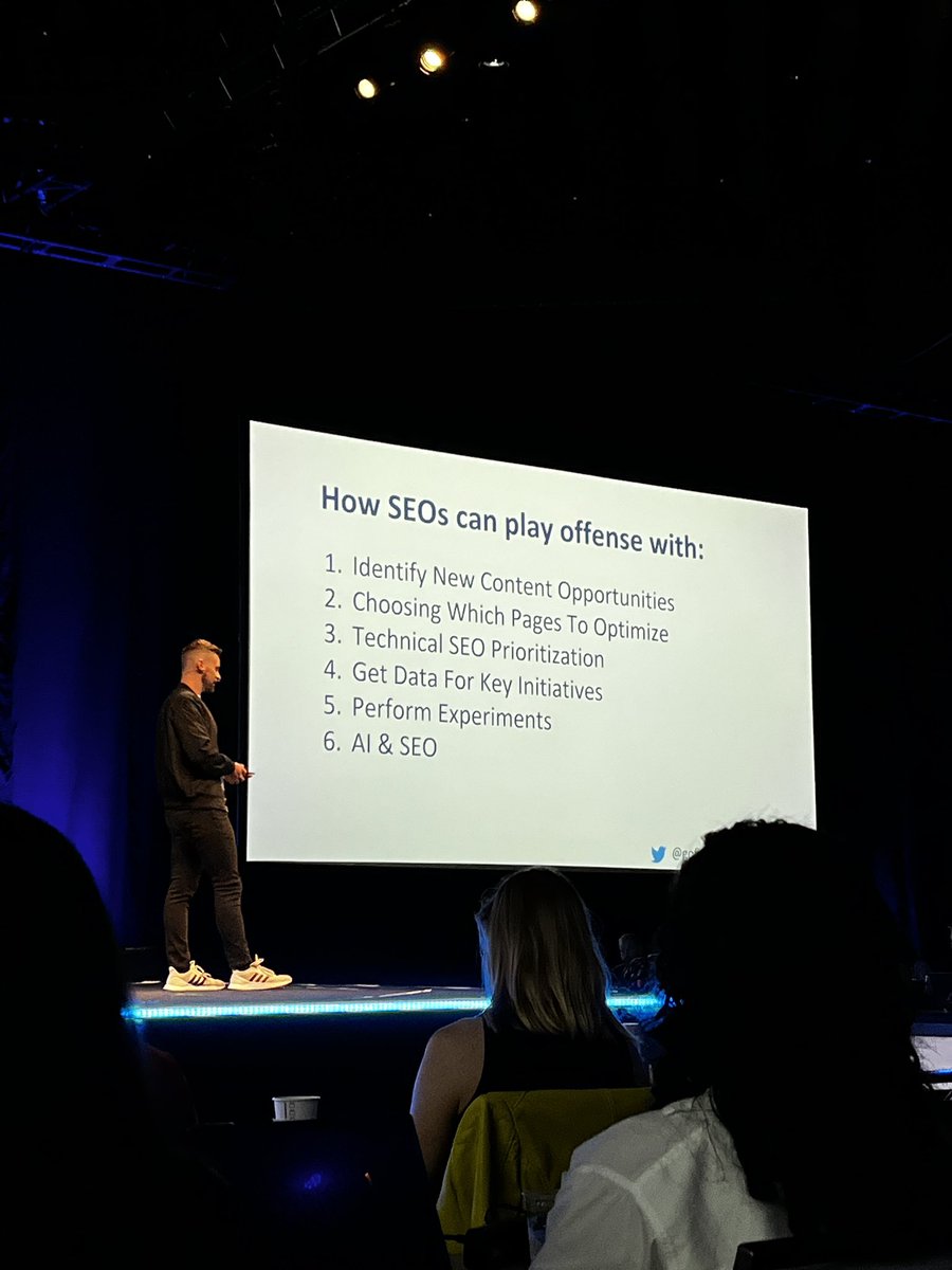 vklakkineni's tweet photo. Anyone trying to take notes at #mozcon? Plz add yours and RT! 

Speaker #2 CHRIS LONG @gofishchris 
Why SEOs need to start playing offence instead of defensive!
✅ 1. Identify content opportunities 
Use a tool to analyze Keyword Gap and analyze competitors.
Identify key converting keywords that are profitable to creat content.
Find alternative keywords that are under utilized.
✅ 2. Which pages should you optimize?
Look at the pages with less organic traffic or reduced organic traffic.
Tie the queries to revenue to understand what’s important.
Now look at which of these are delivering less click YOY or MOM!
Focus on categories that would need more exposure.
Bread crumbs on websites is always a win on large sites!
✅ 3. Leverage Technical SEO
Fixing random search console errors is not SEO strategy!
Evaluate high priority pages Vs low priority pages. 
Identify if it’s worth investing efforts to work on lower priority robot issues!
Google can’t index sites if the programming isn’t done right.
✅ 4. Get data for key initiatives 
MOST common recommendation is create new content.
Subscribe to SEO MBA
The opportunity cost can be huge if the content is NOT optimized and leveraged for intent.
✅ 5. Performance Experiments 
Develop a hypothesis, implement and track!
Example: A payment gateway could be limiting visibility.
Conduct A/B testing. Controlled group Vs Testing group! 
Conclusion: Payment gateways suck!
✅ 6. Future of AI & Tech
ChatGPT will interrupt SEO.
SEOs should embrace AI.
More and more marketers are using AI for SEO workflows!
Create custom chrome extensions using AI tools!
#mozcon
