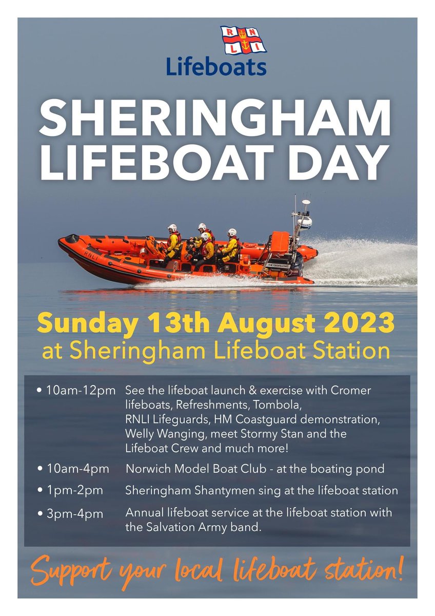 It's our Lifeboat Day this Sunday!
We'll be doing a couple of launches with the <a href="/CromerRNLI/">Cromer RNLI</a>  All-Weather Lifeboat &amp; D-Class coming over to join us around 11am. Lots going on, we'd love you to join us... <a href="/HMCoastguard/">HM Coastguard</a> Sheringham will be there too #ProudOfOurCrowd #RespectTheWater