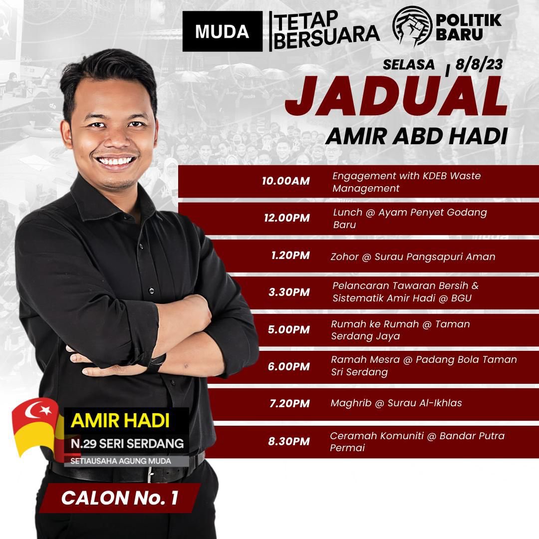 amirxabdhadi's tweet photo. Hi geng! Ini jadual saya untuk harini. Jangan lupa ceramah malam ni di Bandar Putra Permai jam 8:30 malam.
#SeriSerdang #BersihDanSistematik #PolitikBaru #TetapBersuara https://t.co/GAWG1d7lul