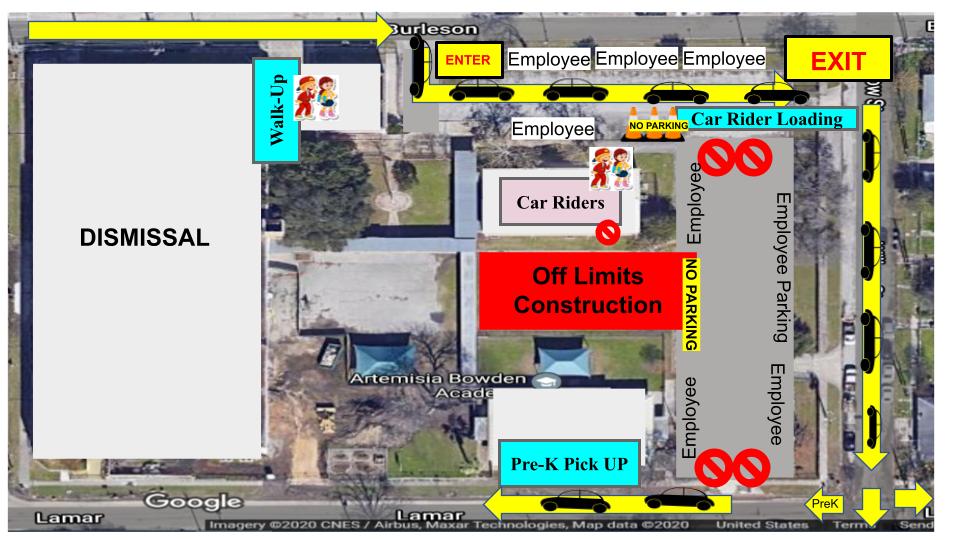 Families,

For arrival and dismissal please follow the maps and the procedure below:
Pre-K drop off and pick up at Lamar front door only and enter on Burleson from Pine.
K-8 drop off and pick up in front and exit Right on Willow.