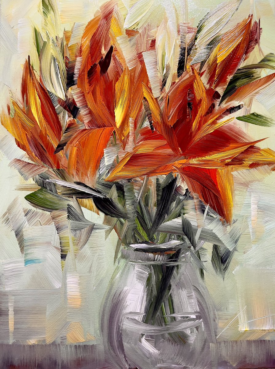 I've just finished a captivating artwork featuring a modern bouquet of vibrant orange-red lilies in a vase. Using fast and expressive oil strokes, I've captured the essence of nature's beauty on canvas. This contemporary piece truly embodies my love for flowers and showcases my