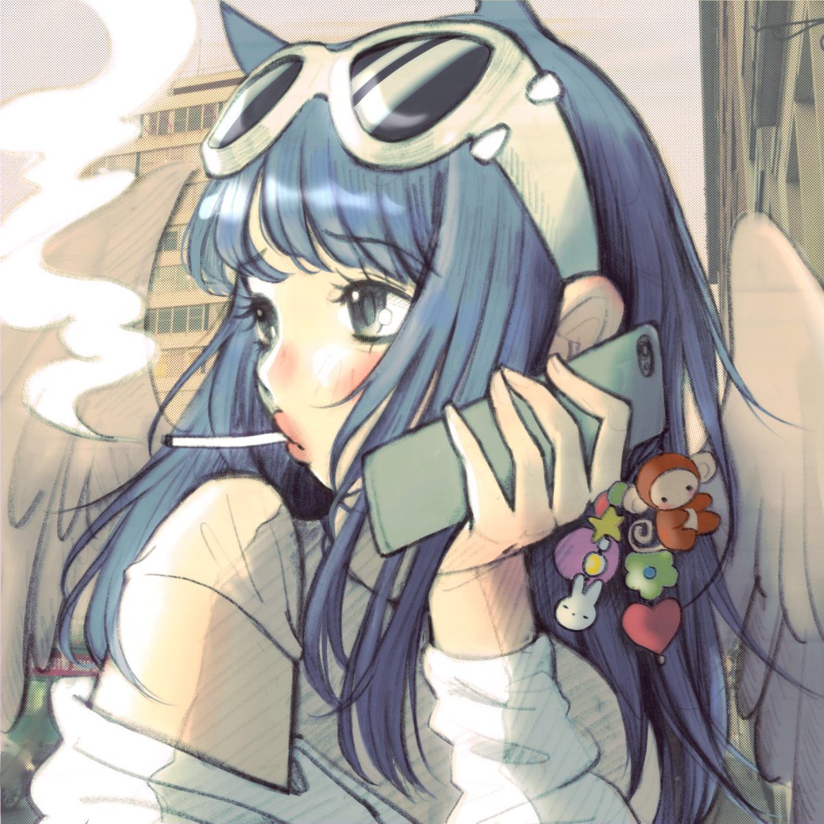 1girl phone solo blue hair smoking wings cellphone  illustration images