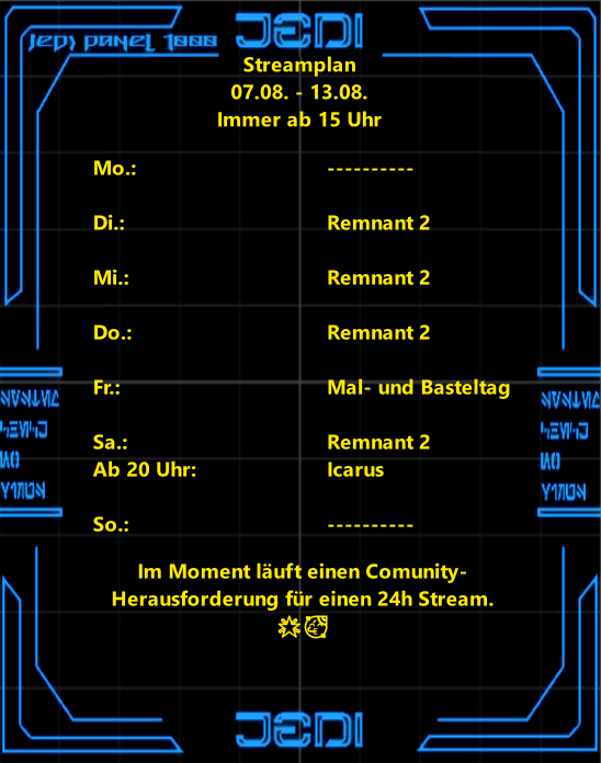 Eine neue Woche, ein neuer Streamplan 🥳
twitch.tv/lordcroppe 

#TwitchDE #nerd #StarWars #GermanMediaRT #gamer #Psyche #depression #Pride #LGBTQIA <a href="/starwars/">Star Wars</a> <a href="/Remnant_Game_DE/">Remnant 2 - Deutsch</a> <a href="/Remnant_Game_EU/">Remnant 2 - Europe</a> #Remnant2 <a href="/GearboxOfficial/">GearboxOfficial</a> <a href="/gunfire_games/">Gunfire Games</a> <a href="/FFGames/">FantasyFlightGames</a> #starwarslegion #Klonarmee #501st