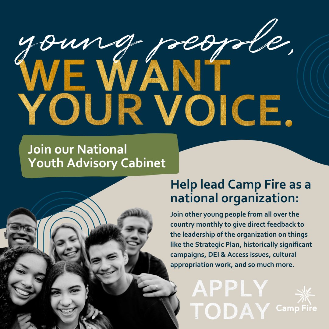 Calling all Camp Fire participants - we want you to be on our National Youth Advisory Cabinet!

Know a young person that is eligible? Share the application with them! surveymonkey.com/r/CampFire_You…