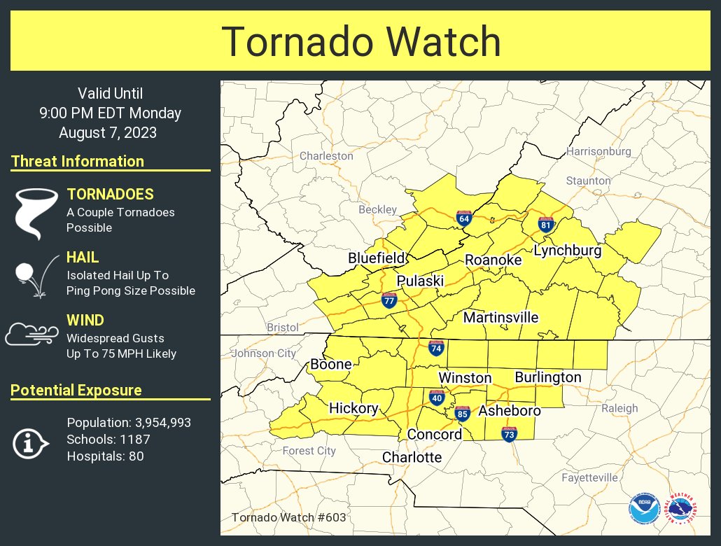 NWSRaleigh's tweet photo. A tornado watch has been issued for parts of North Carolina, Virginia and West Virginia until 9 PM EDT https://t.co/qYWSrZTD5f