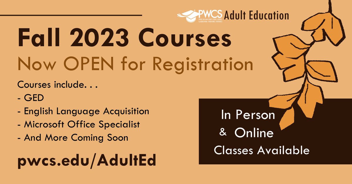 PWCSAdultEd's tweet photo. 🏫 Registration for Fall 2023 is now OPEN!
Some locations are still pending but we will update when available.

Visit https://t.co/QR4yGXHdNc for our Fall Schedule and more information about our classes! https://t.co/mieFAxTyFG