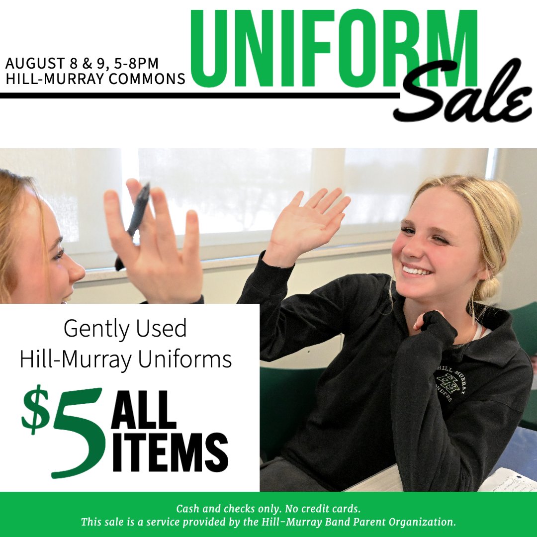 Don't forget about our used uniform sale on Tuesday and Wednesday this week in the Hill-Murray commons area. Thank you to our wonderful band parents for organizing! 🙌 #hillmurray