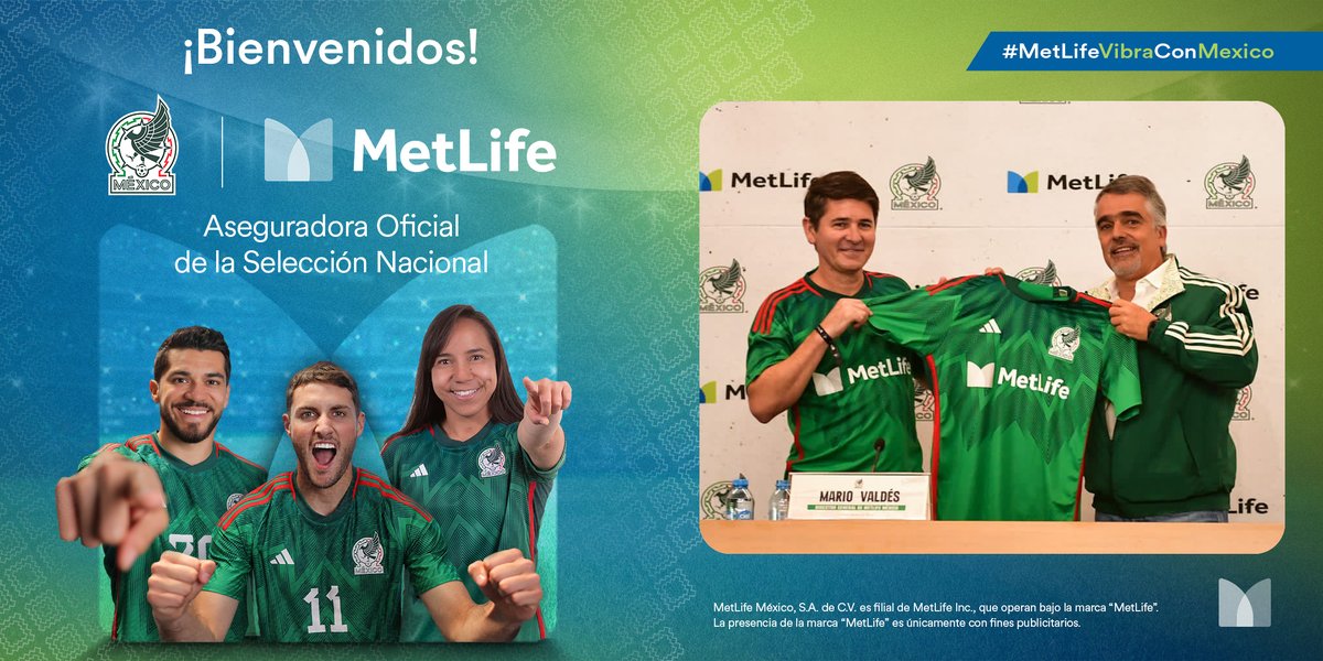 MetLifeMx's tweet photo. ¡Ya es OFICIAL! Estamos emocionados de ser la Aseguradora Oficial de la Selección Nacional y estar junto a ellos en cada juego, desafío y objetivo que enfrentemos con pasión 🤩⚽ #MetLifeVibraconMexico 🇲🇽 https://t.co/YUYNnzouoc