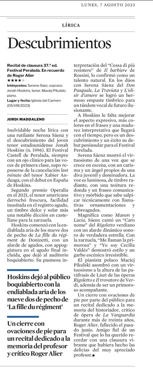 JordiMadd's tweet photo. .#Crítica Recital cloenda @FIMCPeralada 2023 amb una radiant @serena_saenz #topsoprano i el descobriment del #tenor dels EUA #JoshuaHoskins &amp; gran pianista i virtuós @MaciejPikulski. Cierre 37a ed. #FestivalPerelada #inmemoriam #RogerAlier reseña @LaVanguardia @UMG @FestClasica https://t.co/w9pq3gTQjM