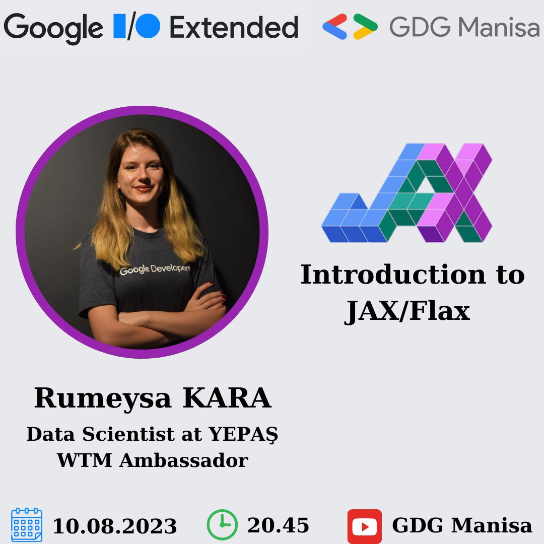 10 Ağustos Perşembe günü 20.00'da YouTube kanalımızdan gerçekleştireceğimiz Google I/O Extended etkinliğimizin ikinci konuşmacısı Rumeysa Kara "Introduction to JAX/Flax" sunumu ile bizlerle beraber olacak🤩
Hepinizi etkinliğimize bekliyoruz. Kayıt Linki 👉 docs.google.com/forms/d/e/1FAI…