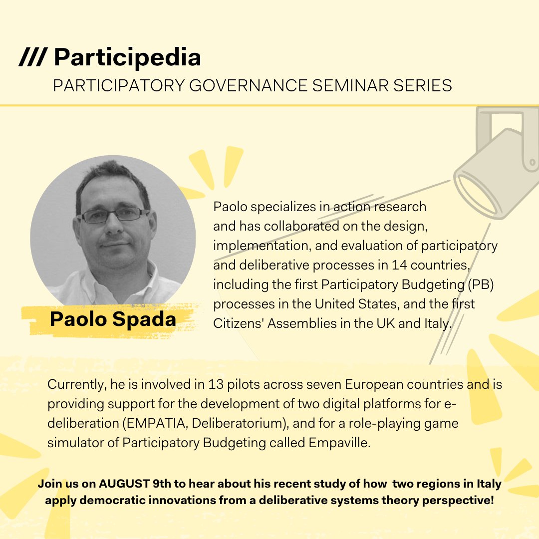 participedia's tweet photo. Have you registered for our upcoming #ParticipatoryGovernance seminar on August 9th?
Learn more about the presenters you won’t want to miss with our speaker spotlight!
Register here: https://t.co/00ckhBbcwP
#democracy #seminarseries #deldem https://t.co/DmOvLckRwq