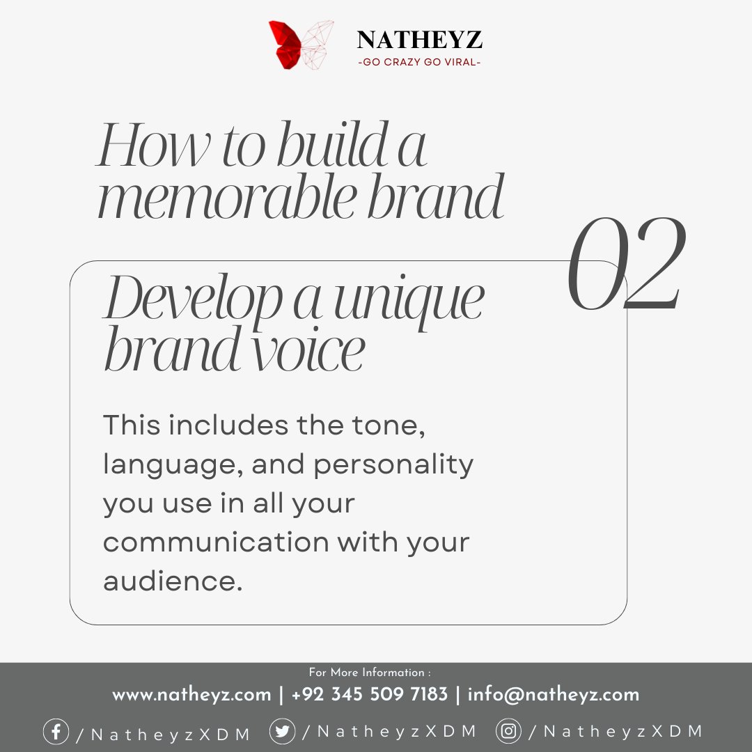 Craft an unforgettable brand with Natheyz's guidance. We help you develop a unique brand voice that speaks directly to your audience. Let's create a lasting impression together.
#MemorableBrand #UniqueBrandVoice #ConsistentMessaging #AuthenticCommunication #Natheyz #DigitalMedia