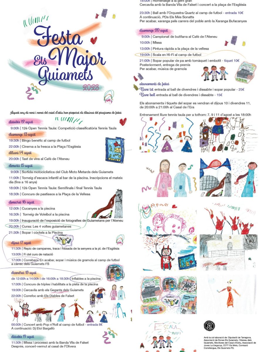 I ja coneixem el programa de la Festa Major dels #Guiamets 2023, que enguany ha estat il·lustrat pels nens i nenes del casal d'Estiu. 

Gràcies a totes les entitats i associacions per la seva implicació en les festes del nostre poble 🥳