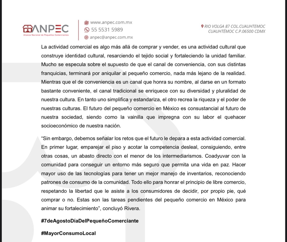 ANPECmx's tweet photo. Este 7 de agosto se celebra el Día Nacional del Pequeño Comerciante en México, una actividad que genera 2 millones de autoempleos y mantiene a 5 millones de personas
#7AgostoDíaDelPequeñoComerciante

Abrimos 🧵 https://t.co/51xq2mZNtT