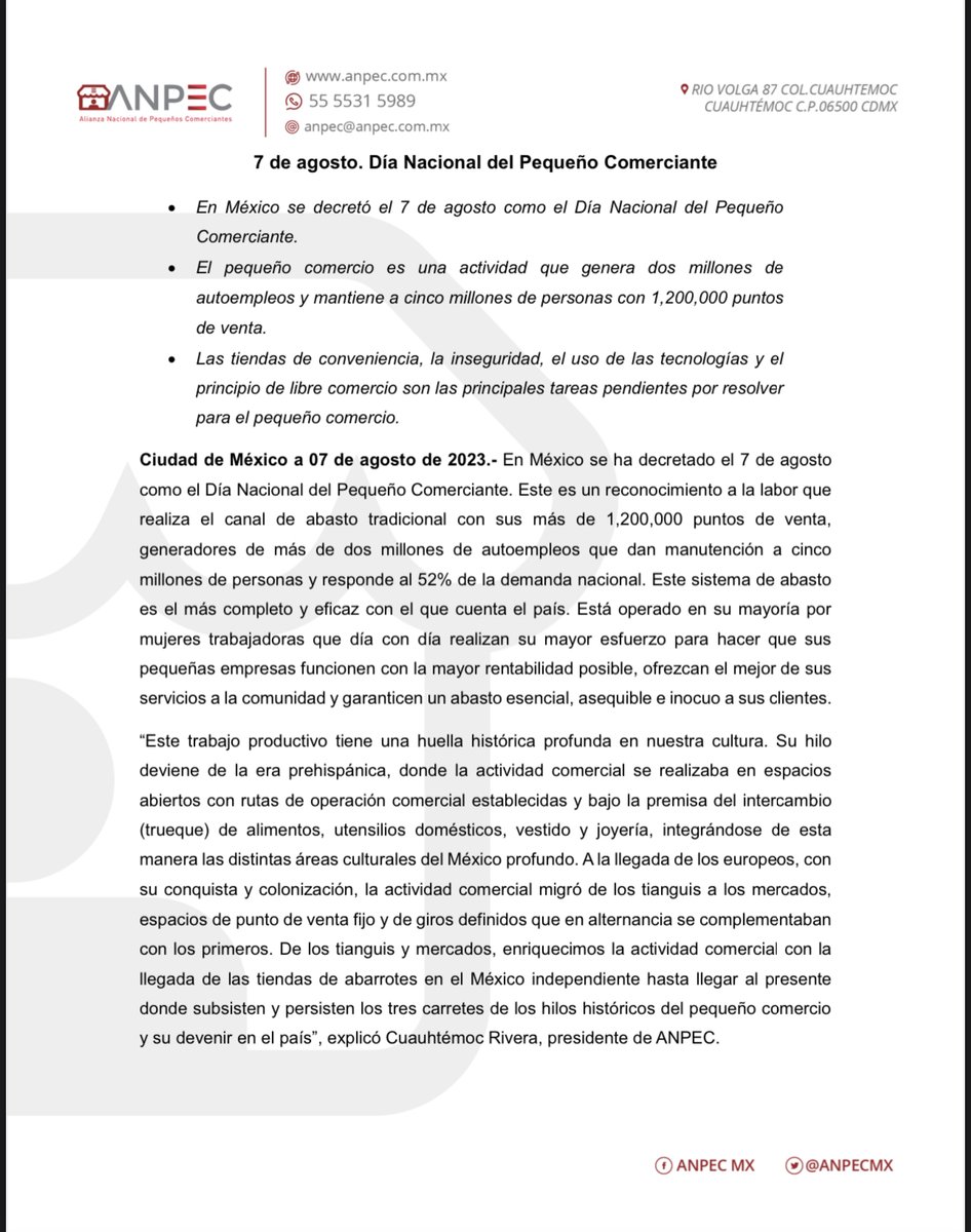 ANPECmx's tweet photo. Este 7 de agosto se celebra el Día Nacional del Pequeño Comerciante en México, una actividad que genera 2 millones de autoempleos y mantiene a 5 millones de personas
#7AgostoDíaDelPequeñoComerciante

Abrimos 🧵 https://t.co/51xq2mZNtT