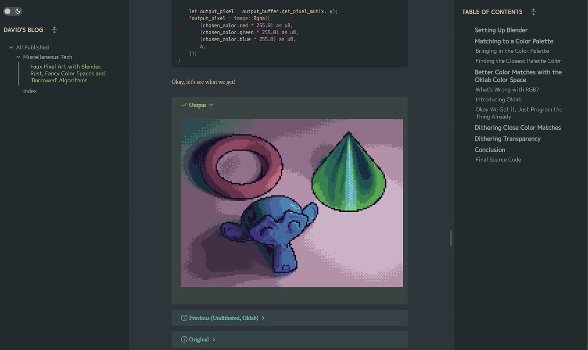 cosbdev's tweet photo. Just wrote my first ever blog post on my approach to faking pixel art. Talks about blender, how I constrain an image to a color palette, finding closest matches with Oklab, and dithering.

https://t.co/eaj0hcBBaZ

#rustlang #pixelart #blender3d #b3d #indiedev #gamedev #unity2d https://t.co/XGt9s3978d