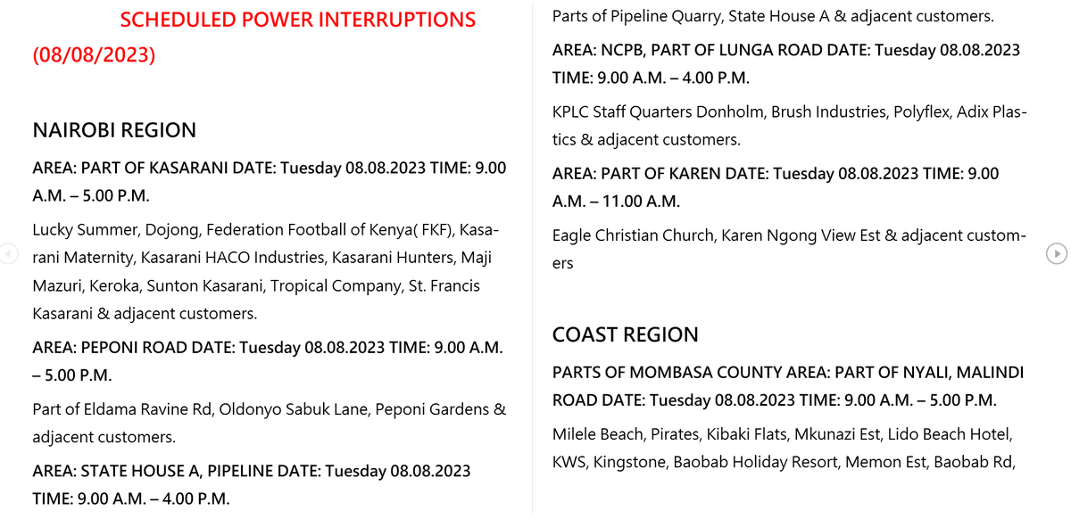 KenyaPower_Care's tweet photo. Hello. The following areas are scheduled for maintenance tomorrow. ^DO https://t.co/TQDWGBL0dI