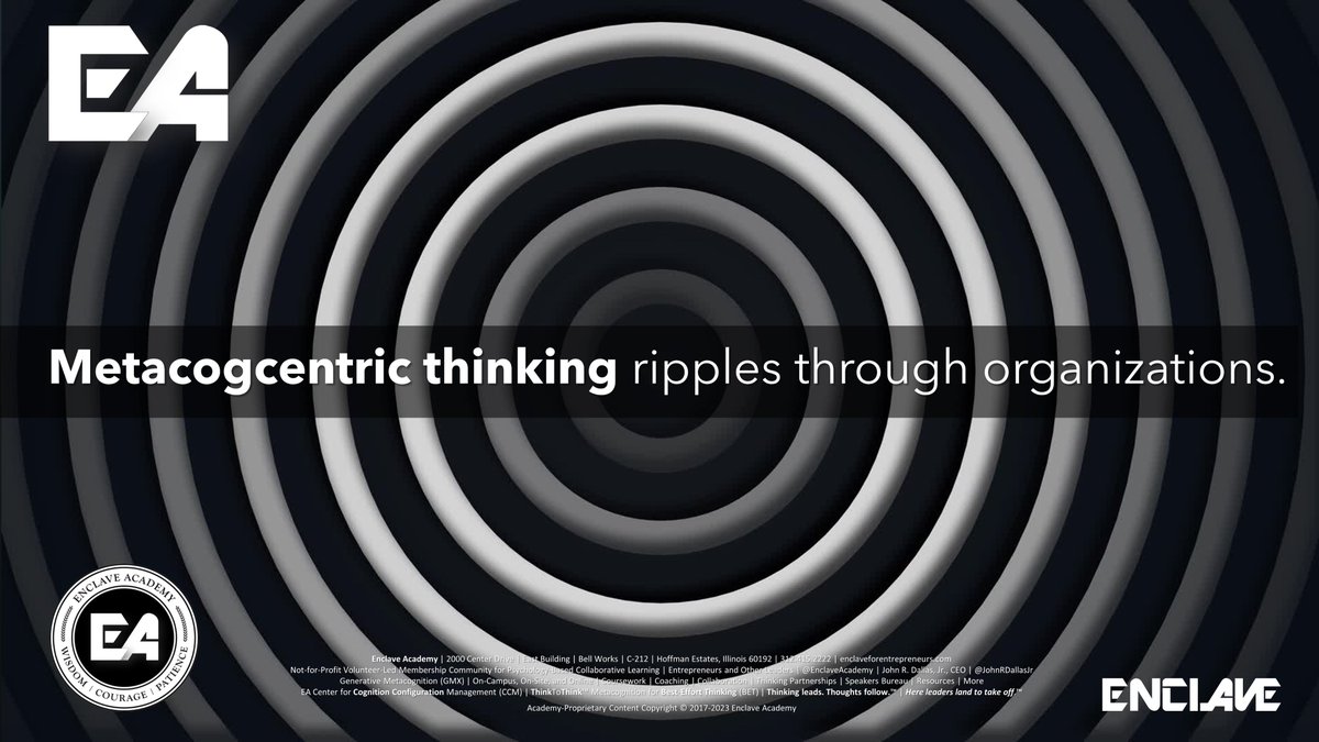 JohnRDallasJr's tweet photo. #Metacogcentric thinking is @EnclaveAcademy's term for #metacognition's cognitive ripple effect in agile minds and organizations. When metacognitive individuals on teams Think Things Through Thoroughly Together (#TX5), "cognitive cogs" mesh in neuroserendipitous ways. #ThinkItSo.