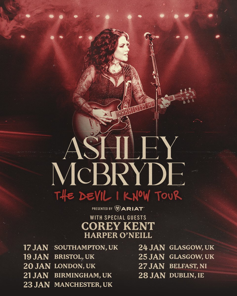 Can’t think of a cooler way to kick off 2024 🤯 Stoked to be supporting @AshleyMcBryde in the UK and Ireland in January alongside @COREYKENT! And I'm excited to explore my roots a little more in the Motherland 🇮🇪 Tickets on sale Friday at 10am! harperoneillmusic.com/pages/tour