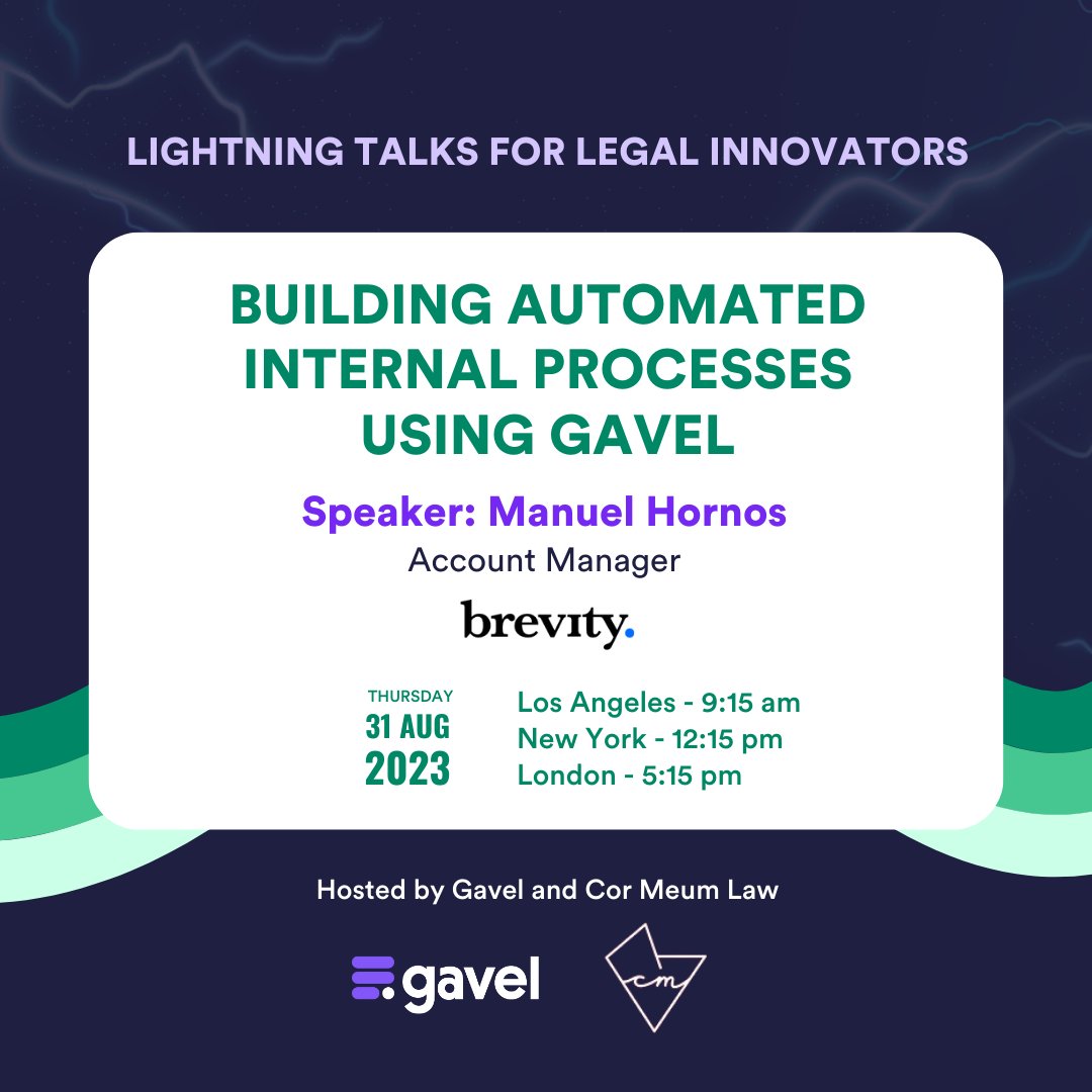 Ever wondered how to strategically build automated internal processes that boost your legal practice's efficiency? 💼 Join this month’s Lightning Talk with Manuel Hornos, Account Manager at <a href="/brevitypro/">BREVITY</a>

Sign up now: 
👉 bit.ly/3DNLcha