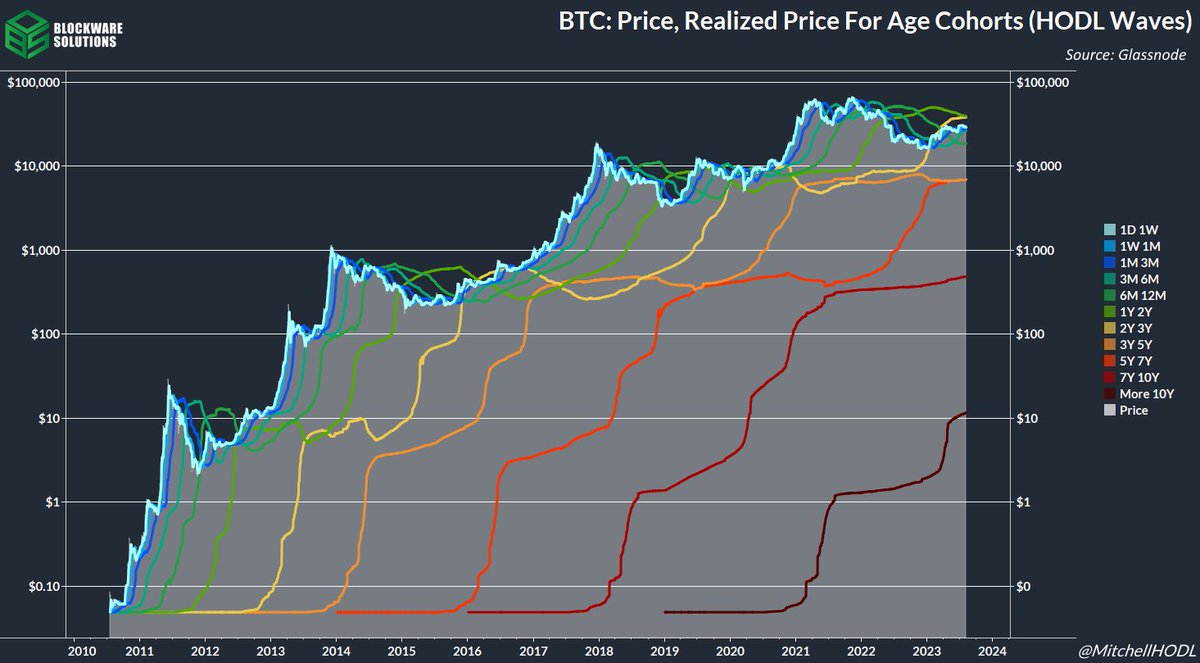 Most of you are familiar with HODL Waves: The distribution of #BTC supply based on the time since each coin (UTXO) was last moved?

But what is the realized price (cost basis) of each age cohort?

That's what I calculated:

> 10y: $11.62
7y-10y: $489
5y-7y: $6,970
3y-5y: $6,972