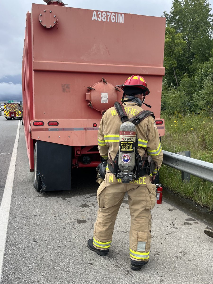 WestfieldFire's tweet image. Worn semi-trailer tires failed and caught fire on south bound U.S. 31 on ramp from S.R. 32. WFD Engine 381, Ladder 381 and Safety 308 were on scene. The fire was quickly extinguished by Engine 381 crew with water cans. #CShift