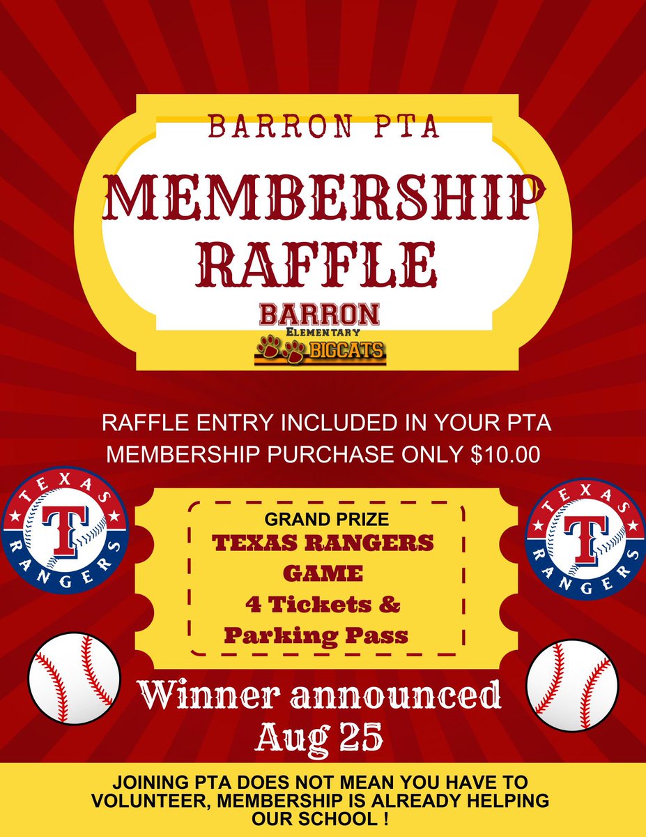 Come see us tonight at Meet the Teacher from 4-6pm. PTA will be selling Spirit Wear, PTA Memberships &amp; School Supplies!

Join PTA for $10 this month &amp; be entered into a raffle for a chance to win FOUR tickets to the Texas Rangers game and a parking pass. Winner announced on 8/25.
