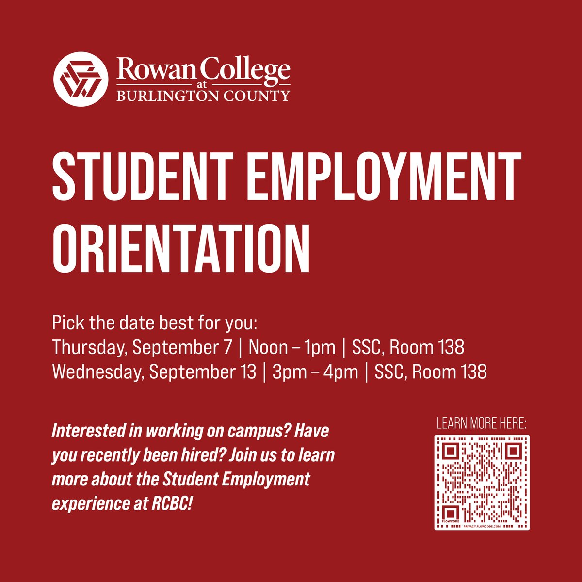 Interested in working on campus? Recently been hired? Join us for Student Employment Orientation and we will review how to apply and the ins & outs of the student employment process! #StudentWorker #StudentEmployment