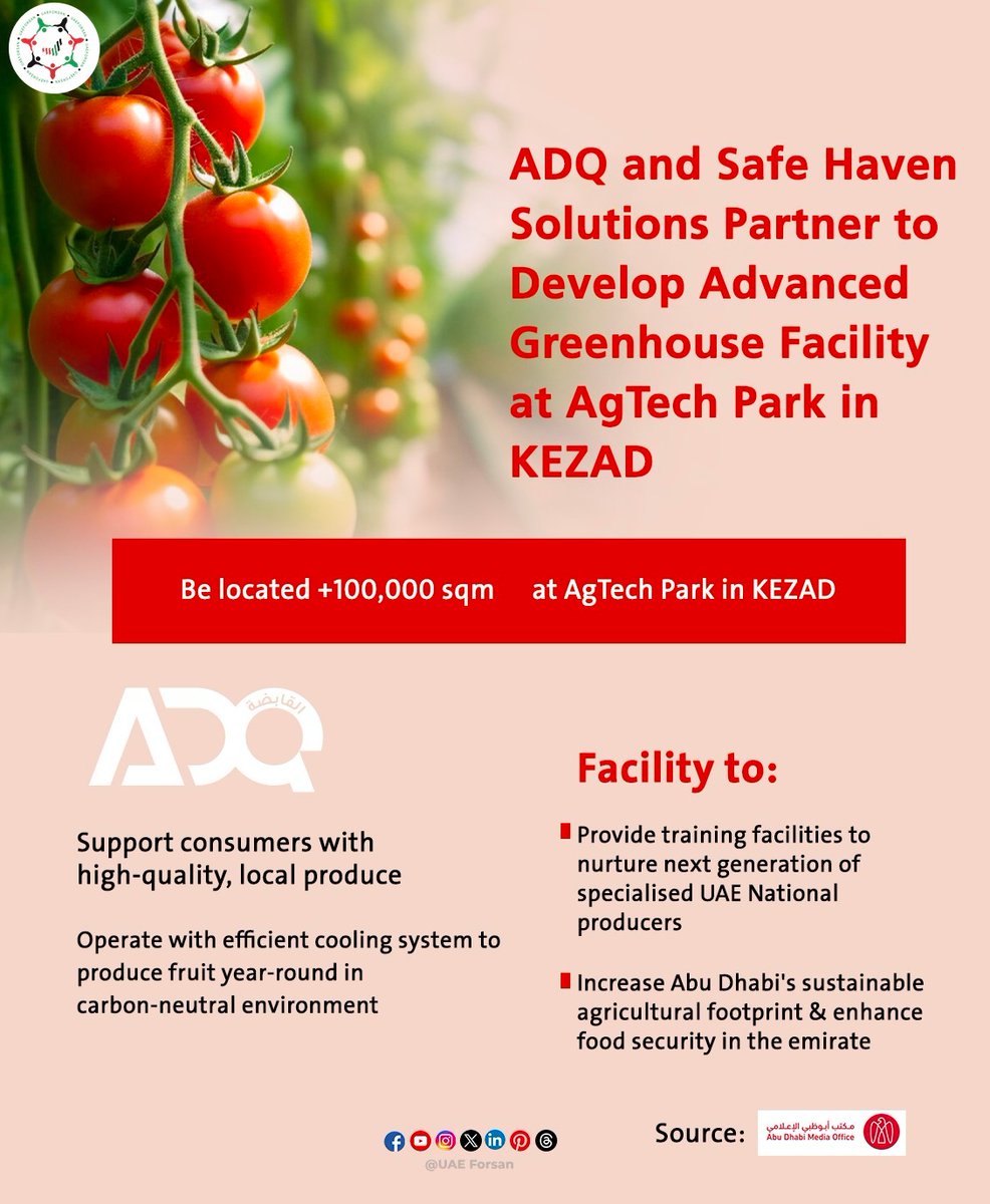 UAE_Forsan's tweet photo. ADQ and Safe Haven Solutions Partner to Develop Advanced Greenhouse Facility at AgTech Park in KEZAD
#UAE #ADQ #AbuDhabi #InvestingInGrowth #AgTech #COP28UAE #TodayforTomorrow #ClimateChange #ClimateAction #UnitedForClimate
@COP28_UAE
@Adq_Official
@ADMediaOffice https://t.co/8yPilaPgyh