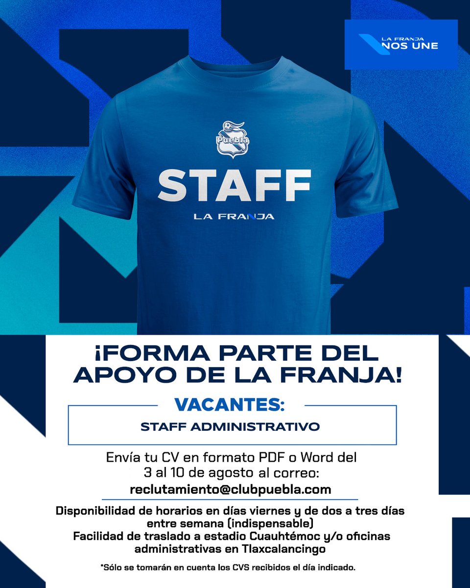 ClubPueblaMX's tweet photo. ¿Te gustaría chambear con el 🔵⚪️? ¡No le pienses más y mándame tu CV!😄

Enfranjado, te estamos esperando🫡 Forma parte del equipo de tus amores🤝🏻

#LaFranjaNosUne🎽 https://t.co/UAsEVPNwRK