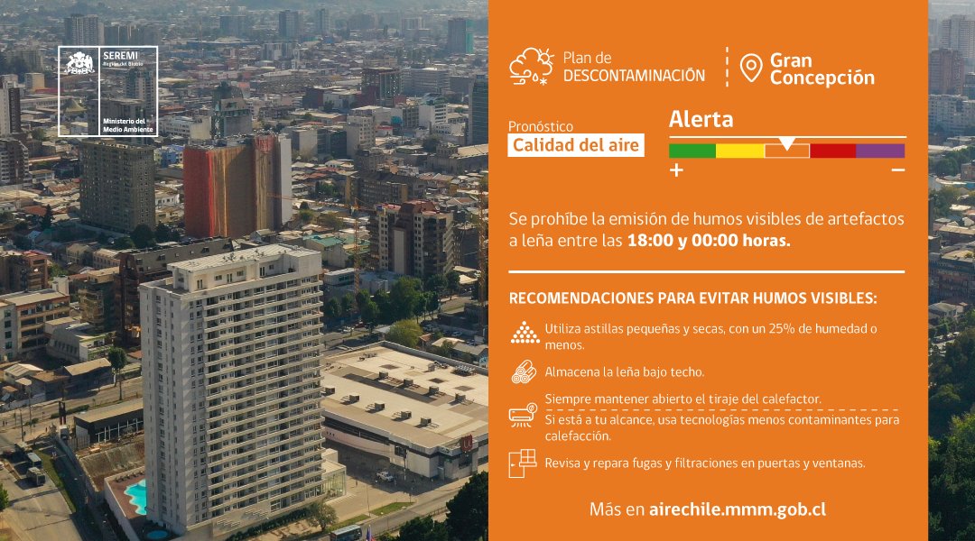 🌱<a href="/mmabiobio/">Seremi Medio Ambiente Biobío</a> informa pronóstico Calidad del Aire Plan de Descontaminación  #Concepcionmetropolitano para el martes 08.08.2023 es ALERTA <a href="/o_reicher/">Óscar Reicher</a>
<a href="/munitome/">Municipalidad Tomé </a> <a href="/Muni_Concepcion/">Municipalidad de Concepción</a> <a href="/MuniChiguayante/">Municipalidad de Chiguayante</a>
<a href="/munipenco/">Municipalidad Penco</a> <a href="/munitalcahuano/">MuniTalcahuano</a> <a href="/muni_hualqui/">Municipalidad de Hualqui</a>
<a href="/CoronelMuni/">Muni Coronel</a>