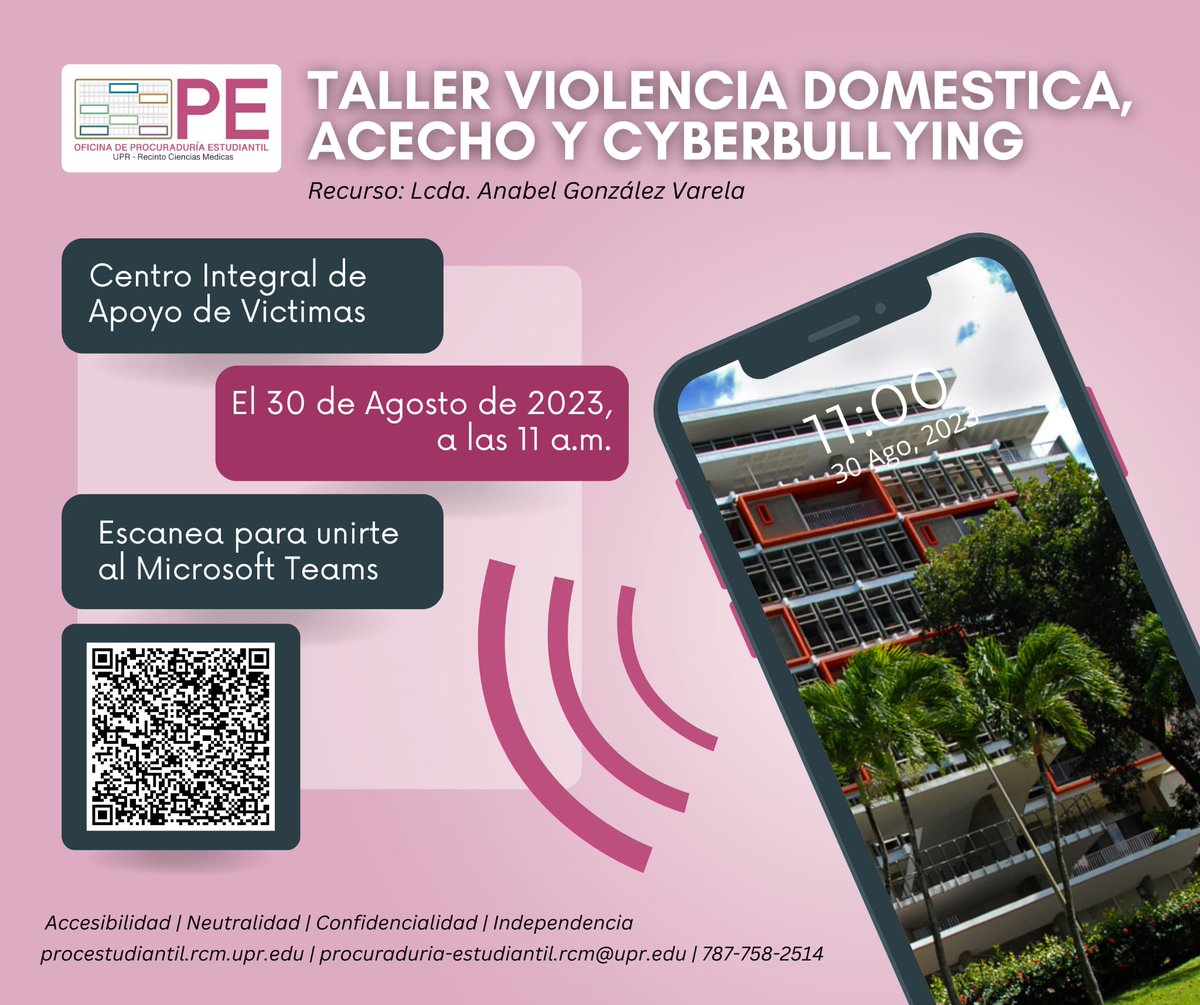🚨ATENCIÓN PANTERAS🚨

Este próximo miércoles, 30 de agosto de 2023 a las 11 a.m. se ofrecerá el Taller: Violencia Doméstica, Acecho y Cyberbullying.

Puede ingresar al Ms. Teams escaneando el código en promoción o accediendo al siguiente enlace:

teams.microsoft.com/l/meetup-join/…