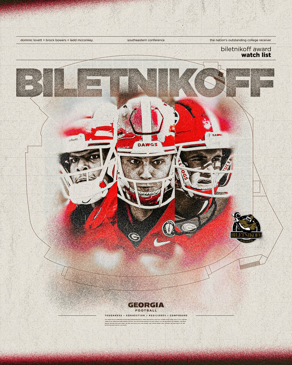 Dominic Lovett, Brock Bowers, and Ladd McConkey have been named to the Biletnikoff Award watch list. The award is presented annually to the nation’s outstanding college receiver. @DominicLovett2 @brockbowers17 @laddmcconkey02 #GoDawgs