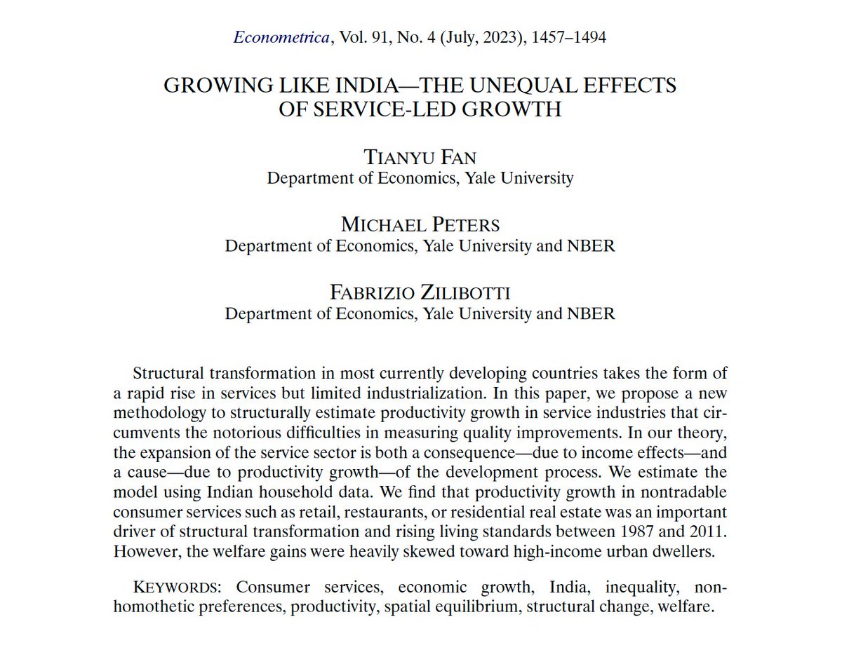 NEW: a methodology to structurally estimate productivity growth in service industries that circumvents the notorious difficulties in measuring quality improvements.

By <a href="/tianyufan_econ/">Tianyu Fan</a>, Michael Peters, &amp; @FabrizioZilibo1 in <a href="/ecmaEditors/">Econometrica</a>: economics.yale.edu/research/growi…