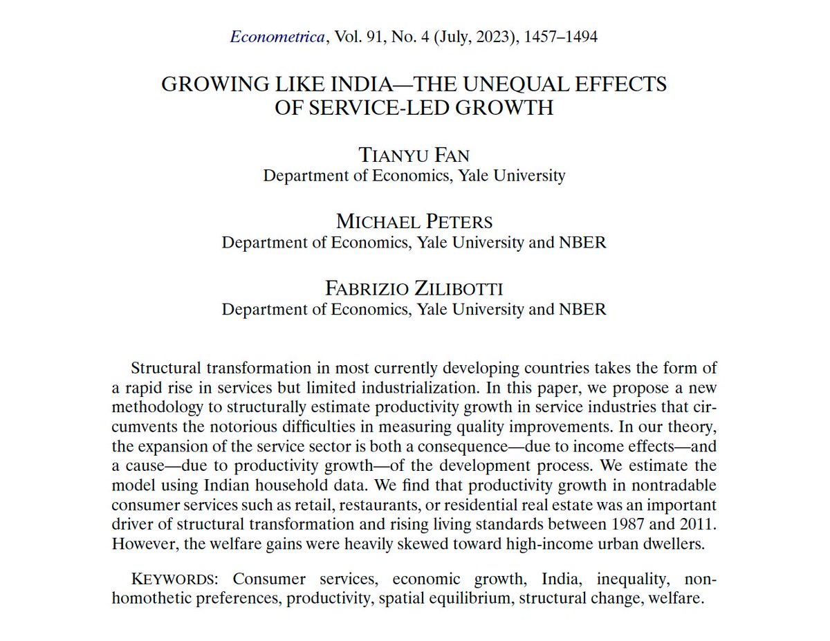 NEW: a methodology to structurally estimate productivity growth in service industries that circumvents the notorious difficulties in measuring quality improvements. By @tianyufan_econ, Michael Peters, & @FabrizioZilibo1 in @ecmaEditors: economics.yale.edu/research/growi…