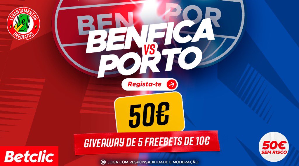 Benfica  🦅 x Porto 🐉 
50€ EM FREEBETS 💰
Regras: 
-Segue o twitter <a href="/BetclicPortugal/">Betclic Portugal 🔞</a> e <a href="/ritafreitas16/">Rita Freitas</a> 
-Dá like e RT 🔁 neste post
-Marca @ 2 amigos no comentário + o teu username betclic  

Podes participar as vezes que quiseres desde que @ amigos diferentes. 

Termina 9/8 15h